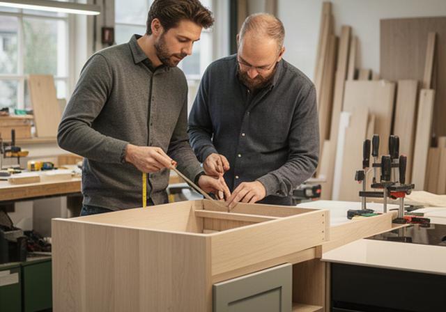 Küchenplanerin und Schreiner bei der Masskontrolle in einer Zürcher Werkstatt